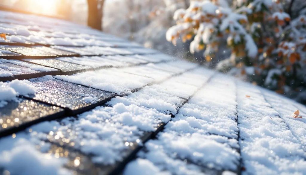 Common winter roof problems in Hereford, highlighting potential issues like ice dams and clogged gutters.