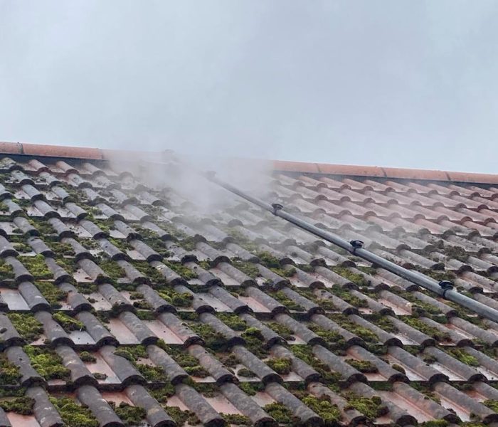 Jet washing moss on roof